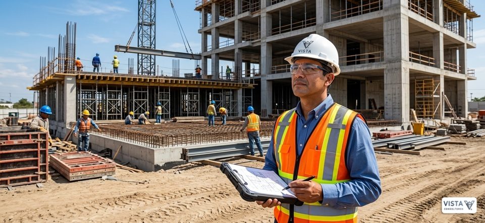 Profesional de Vista Consultores con casco y chaleco supervisando una obra en construcción